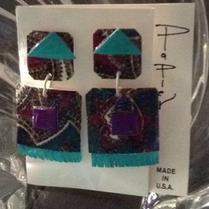 Country French Fabric fringed Bl/pk/Pur earrings